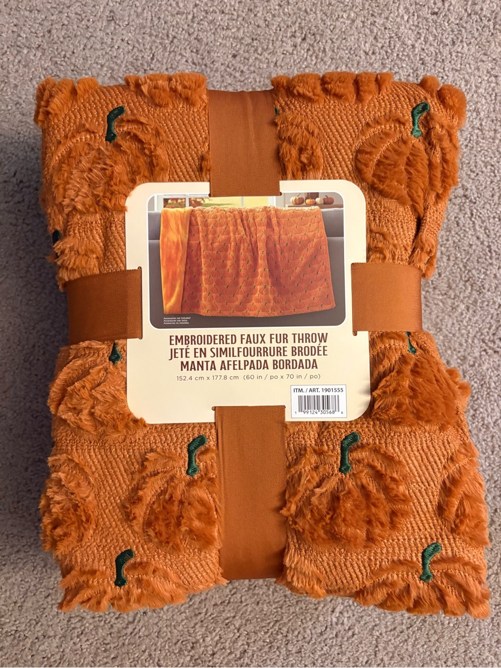 Embroidered Pumpkin Faux Fur Throw
